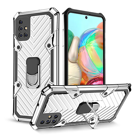 Coque Contour Silicone et Plastique Housse Etui Mat avec Magnetique Support Bague Anneau YF1 pour Samsung Galaxy A71 4G A715 Argent