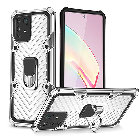 Coque Contour Silicone et Plastique Housse Etui Mat avec Magnetique Support Bague Anneau YF1 pour Samsung Galaxy A91 Argent