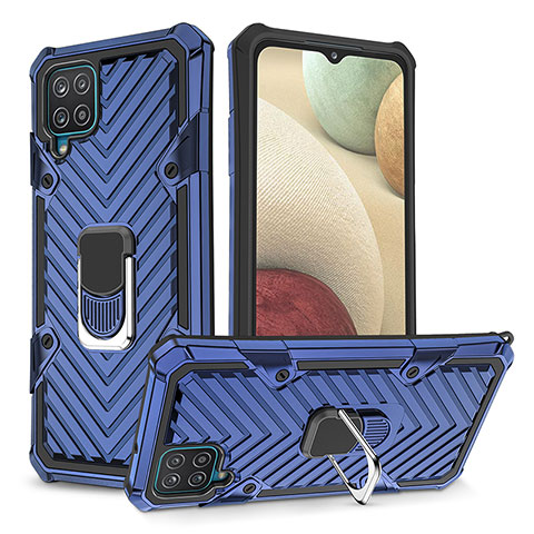 Coque Contour Silicone et Plastique Housse Etui Mat avec Magnetique Support Bague Anneau YF1 pour Samsung Galaxy F12 Bleu