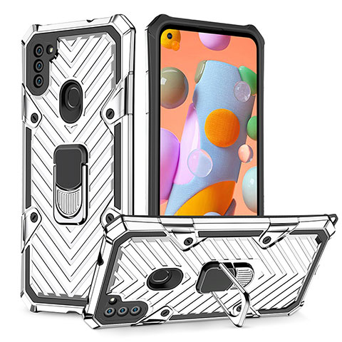 Coque Contour Silicone et Plastique Housse Etui Mat avec Magnetique Support Bague Anneau YF1 pour Samsung Galaxy M11 Argent