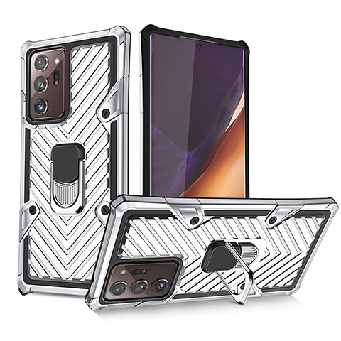 Coque Contour Silicone et Plastique Housse Etui Mat avec Magnetique Support Bague Anneau YF1 pour Samsung Galaxy Note 20 Ultra 5G Argent