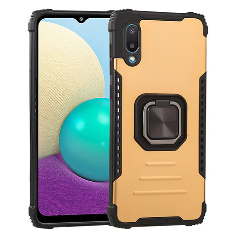 Coque Contour Silicone et Plastique Housse Etui Mat avec Magnetique Support Bague Anneau ZJ1 pour Samsung Galaxy A02 Or