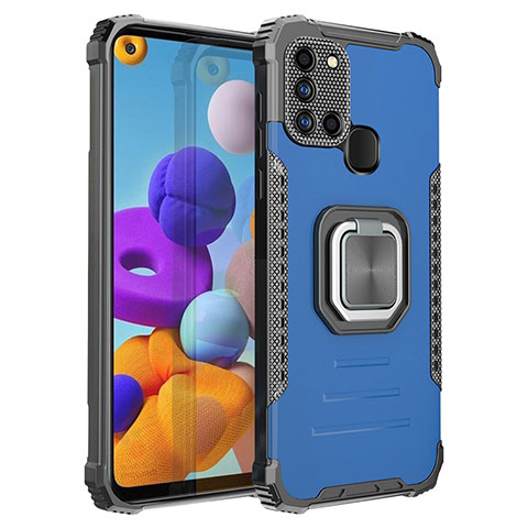 Coque Contour Silicone et Plastique Housse Etui Mat avec Magnetique Support Bague Anneau ZJ2 pour Samsung Galaxy A21s Bleu