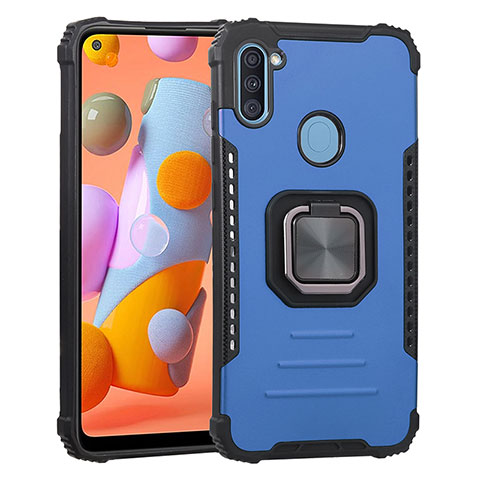 Coque Contour Silicone et Plastique Housse Etui Mat avec Magnetique Support Bague Anneau ZJ2 pour Samsung Galaxy M11 Bleu