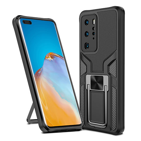 Coque Contour Silicone et Plastique Housse Etui Mat avec Magnetique Support Bague Anneau ZL1 pour Huawei P40 Pro Noir