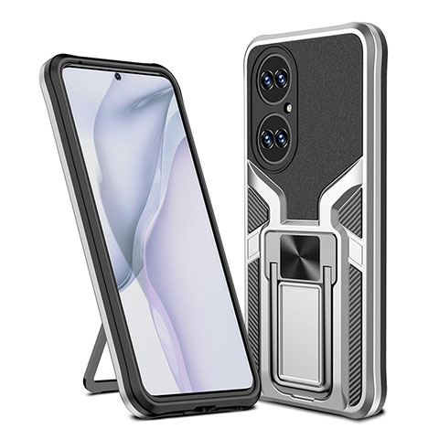 Coque Contour Silicone et Plastique Housse Etui Mat avec Magnetique Support Bague Anneau ZL1 pour Huawei P50 Argent