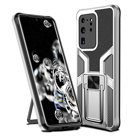 Coque Contour Silicone et Plastique Housse Etui Mat avec Magnetique Support Bague Anneau ZL1 pour Samsung Galaxy S20 Ultra 5G Argent