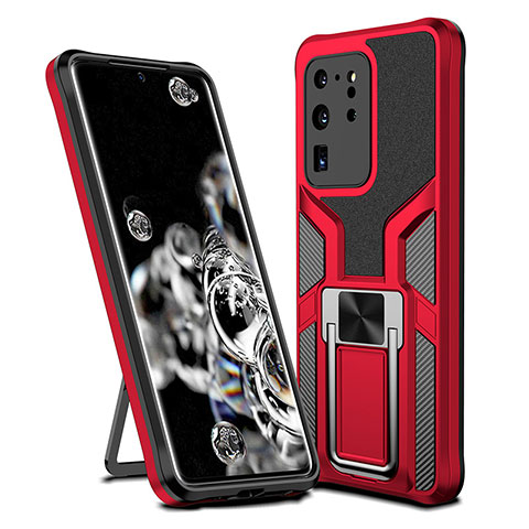 Coque Contour Silicone et Plastique Housse Etui Mat avec Magnetique Support Bague Anneau ZL1 pour Samsung Galaxy S20 Ultra 5G Rouge