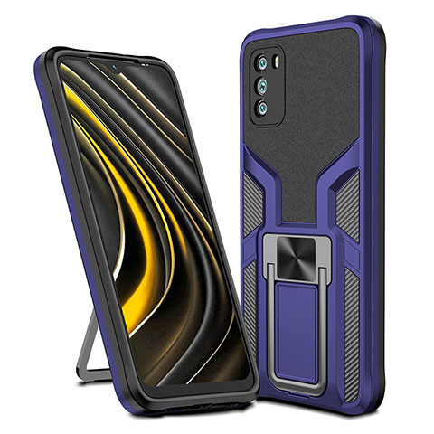 Coque Contour Silicone et Plastique Housse Etui Mat avec Magnetique Support Bague Anneau ZL1 pour Xiaomi Poco M3 Bleu