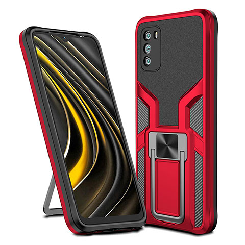 Coque Contour Silicone et Plastique Housse Etui Mat avec Magnetique Support Bague Anneau ZL1 pour Xiaomi Poco M3 Rouge