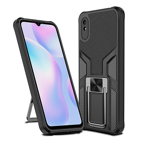 Coque Contour Silicone et Plastique Housse Etui Mat avec Magnetique Support Bague Anneau ZL1 pour Xiaomi Redmi 9A Noir