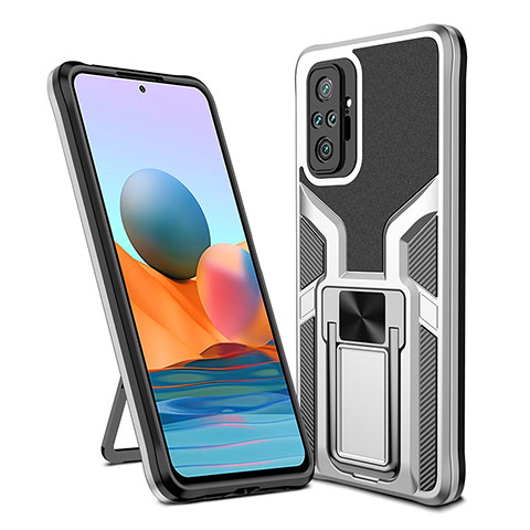 Coque Contour Silicone et Plastique Housse Etui Mat avec Magnetique Support Bague Anneau ZL1 pour Xiaomi Redmi Note 10 Pro 4G Argent