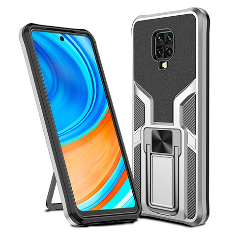 Coque Contour Silicone et Plastique Housse Etui Mat avec Magnetique Support Bague Anneau ZL1 pour Xiaomi Redmi Note 9 Pro Argent