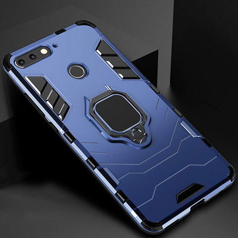 Coque Contour Silicone et Plastique Housse Etui Mat avec Magnetique Support pour Huawei Enjoy 8e Bleu