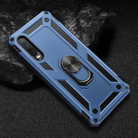 Coque Contour Silicone et Plastique Housse Etui Mat avec Magnetique Support pour Huawei P30 Bleu