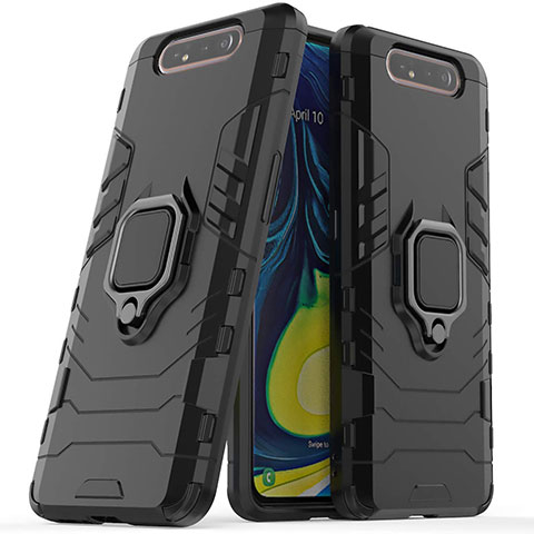 Coque Contour Silicone et Plastique Housse Etui Mat avec Magnetique Support pour Samsung Galaxy A80 Noir