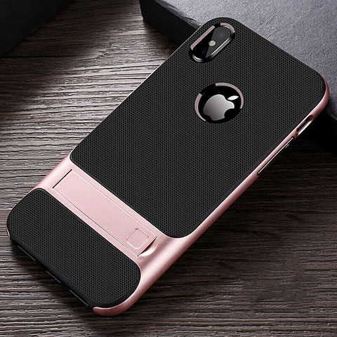 Coque Contour Silicone et Plastique Housse Etui Mat avec Support A01 pour Apple iPhone X Or Rose