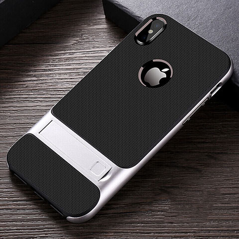 Coque Contour Silicone et Plastique Housse Etui Mat avec Support A01 pour Apple iPhone Xs Argent