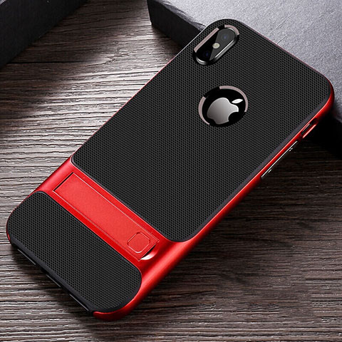 Coque Contour Silicone et Plastique Housse Etui Mat avec Support A01 pour Apple iPhone Xs Rouge