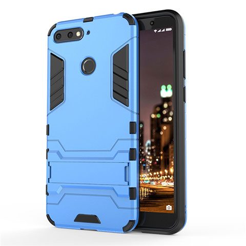 Coque Contour Silicone et Plastique Housse Etui Mat avec Support A01 pour Huawei Y6 Prime (2018) Bleu Ciel