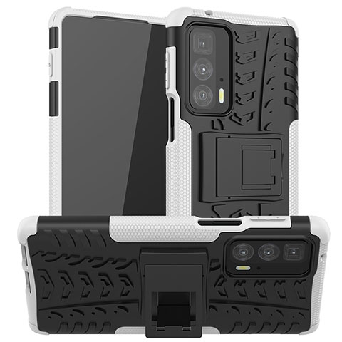 Coque Contour Silicone et Plastique Housse Etui Mat avec Support A01 pour Motorola Moto Edge 20 Pro 5G Blanc