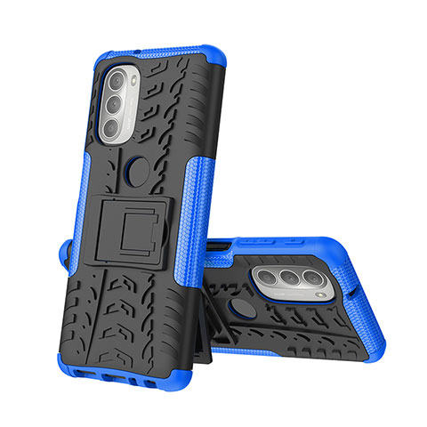 Coque Contour Silicone et Plastique Housse Etui Mat avec Support A01 pour Motorola Moto G51 5G Bleu