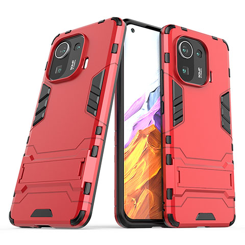 Coque Contour Silicone et Plastique Housse Etui Mat avec Support A01 pour Xiaomi Mi 11 Pro 5G Rouge