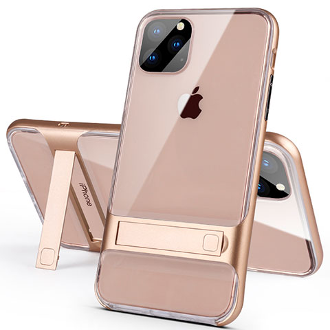 Coque Contour Silicone et Plastique Housse Etui Mat avec Support A02 pour Apple iPhone 11 Pro Or