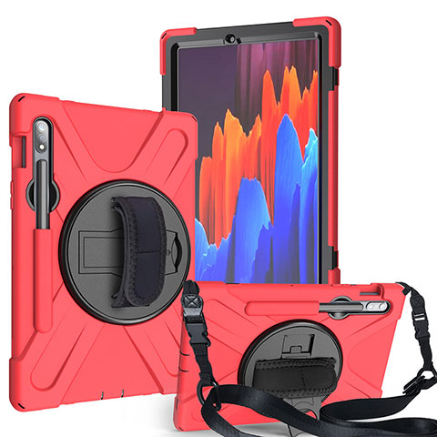 Coque Contour Silicone et Plastique Housse Etui Mat avec Support A02 pour Samsung Galaxy Tab S7 4G 11 SM-T875 Rouge