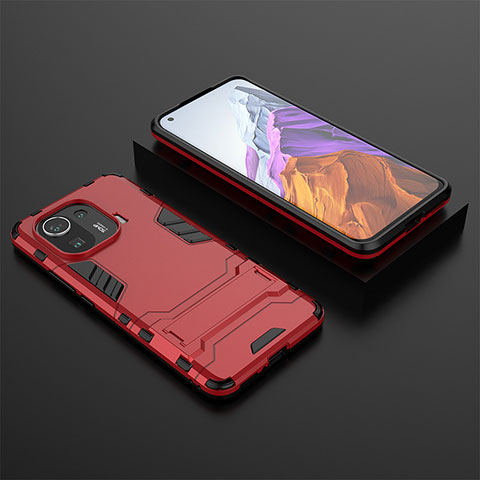 Coque Contour Silicone et Plastique Housse Etui Mat avec Support A03 pour Xiaomi Mi 11 Pro 5G Rouge