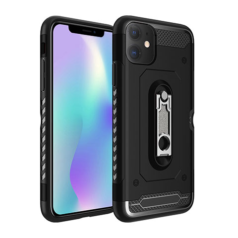 Coque Contour Silicone et Plastique Housse Etui Mat avec Support A04 pour Apple iPhone 11 Noir