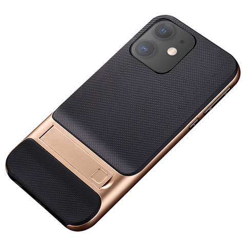 Coque Contour Silicone et Plastique Housse Etui Mat avec Support A05 pour Apple iPhone 11 Or et Noir