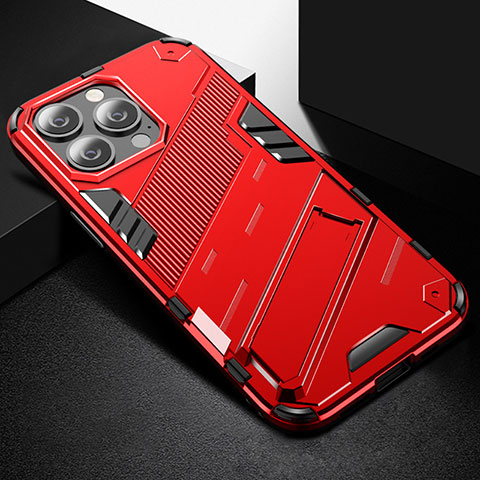 Coque Contour Silicone et Plastique Housse Etui Mat avec Support A05 pour Apple iPhone 13 Pro Rouge