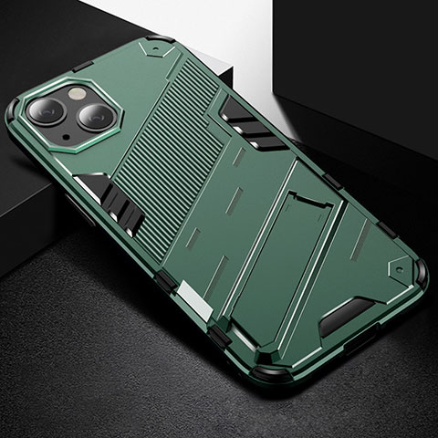 Coque Contour Silicone et Plastique Housse Etui Mat avec Support A05 pour Apple iPhone 13 Vert