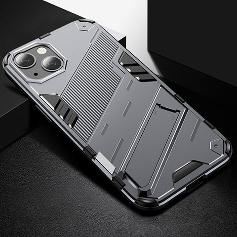 Coque Contour Silicone et Plastique Housse Etui Mat avec Support A05 pour Apple iPhone 14 Plus Gris