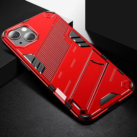 Coque Contour Silicone et Plastique Housse Etui Mat avec Support A05 pour Apple iPhone 14 Plus Rouge