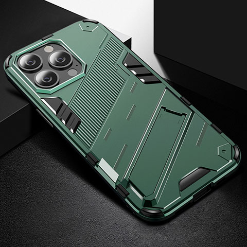 Coque Contour Silicone et Plastique Housse Etui Mat avec Support A05 pour Apple iPhone 14 Pro Vert