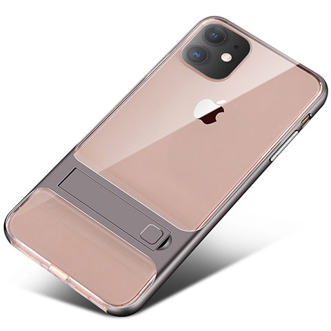 Coque Contour Silicone et Plastique Housse Etui Mat avec Support A06 pour Apple iPhone 11 Gris