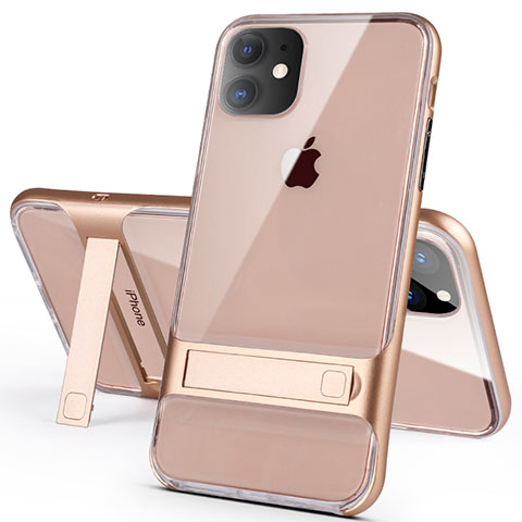 Coque Contour Silicone et Plastique Housse Etui Mat avec Support A06 pour Apple iPhone 11 Or