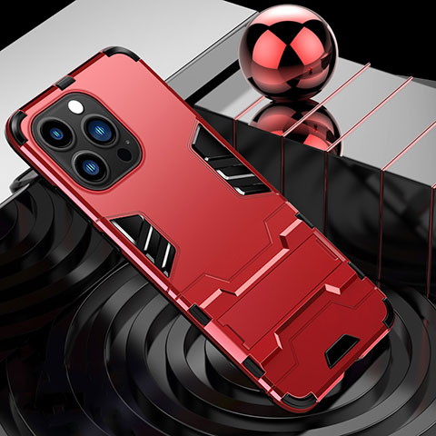 Coque Contour Silicone et Plastique Housse Etui Mat avec Support A06 pour Apple iPhone 14 Pro Max Rouge