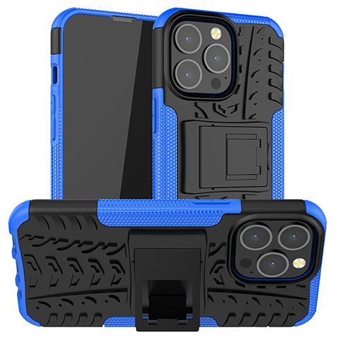 Coque Contour Silicone et Plastique Housse Etui Mat avec Support A07 pour Apple iPhone 13 Pro Max Bleu