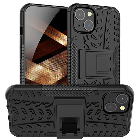 Coque Contour Silicone et Plastique Housse Etui Mat avec Support A07 pour Apple iPhone 15 Plus Noir