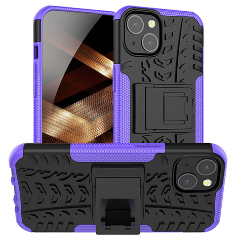 Coque Contour Silicone et Plastique Housse Etui Mat avec Support A07 pour Apple iPhone 15 Plus Violet