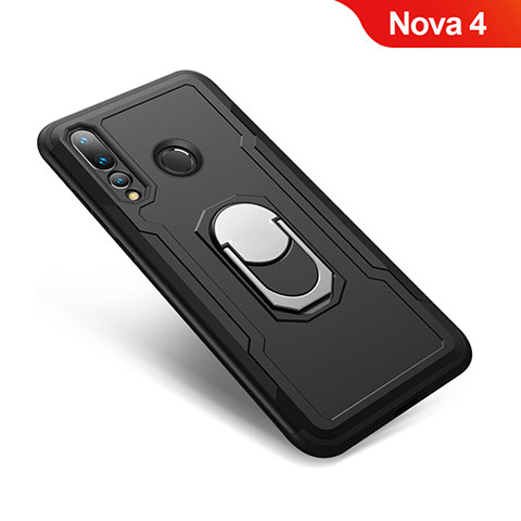 Coque Contour Silicone et Plastique Housse Etui Mat avec Support Bague Anneau A01 pour Huawei Nova 4 Noir