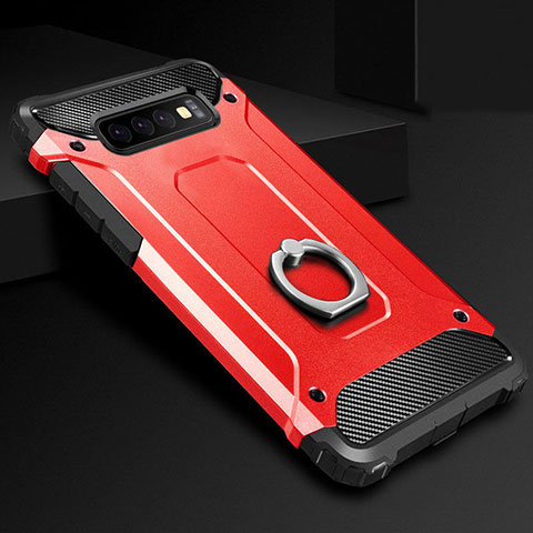 Coque Contour Silicone et Plastique Housse Etui Mat avec Support Bague Anneau H01 pour Samsung Galaxy S10 5G Rouge