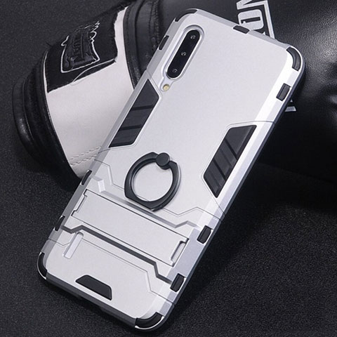 Coque Contour Silicone et Plastique Housse Etui Mat avec Support Bague Anneau H01 pour Xiaomi Mi A3 Argent