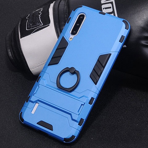 Coque Contour Silicone et Plastique Housse Etui Mat avec Support Bague Anneau H01 pour Xiaomi Mi A3 Bleu Ciel