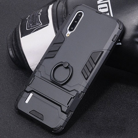 Coque Contour Silicone et Plastique Housse Etui Mat avec Support Bague Anneau H01 pour Xiaomi Mi A3 Noir