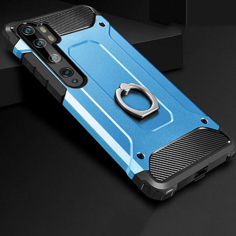 Coque Contour Silicone et Plastique Housse Etui Mat avec Support Bague Anneau H01 pour Xiaomi Mi Note 10 Bleu