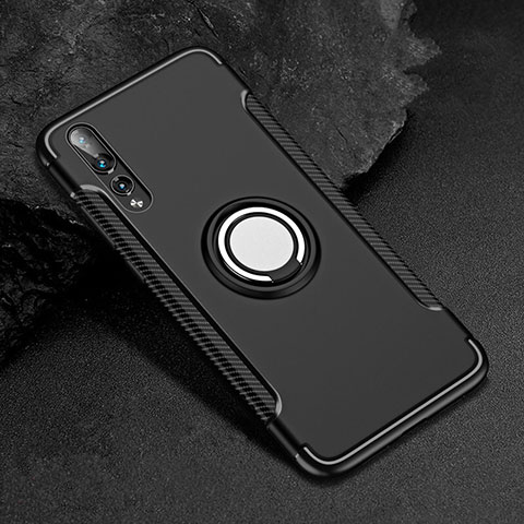 Coque Contour Silicone et Plastique Housse Etui Mat avec Support Bague Anneau pour Huawei P20 Pro Noir